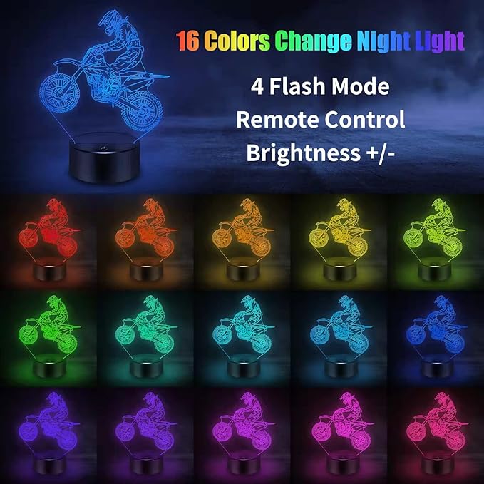 BASSI Dirt Bike Gift 3D Night Light, 16 Colors Changes Remote Control Motorcycle Lamp, LED Dirtbike Decor Toys for Boys Girls Room Birthday Xmas for Kids…