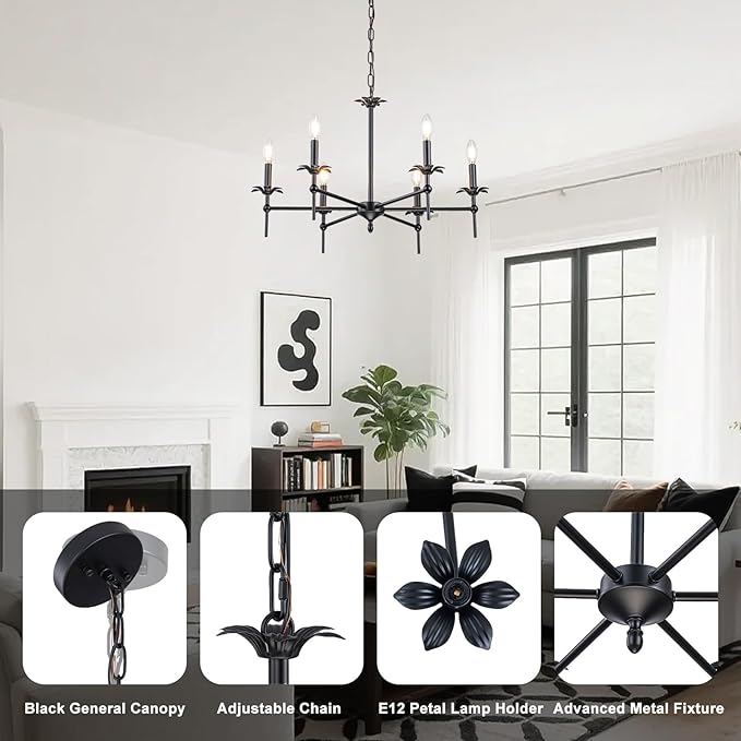 6-Light Black Farmhouse Chandelier 29in Modern Matte Candle Light Fixture Industrial Hanging Ceiling Lighting for Dining Room Over Table Kitchen Island Living Room Bedroom Foyer Entryway