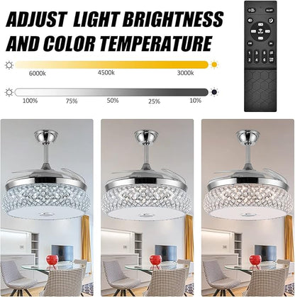 42" Invisible Ceiling Fan Chandelier with Light and Bluetooth Speaker,Modern 3 Color Change Crystal Ceiling Fan Light Remote Control 4 Retractable ABS Blades for Bedroom