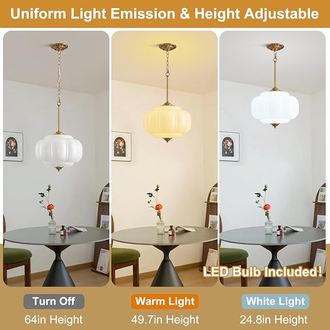 Milk Glass Pendant Light, 15in Large Schoolhouse Light Fixture, LED Bulb Included, Vintage Art Deco Chandelier for Kitchen Island Dining Room Bedroom Hallway, White & Antique Gold 1 Pack
