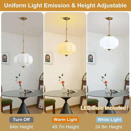 Milk Glass Pendant Light, 15in Large Schoolhouse Light Fixture, LED Bulb Included, Vintage Art Deco Chandelier for Kitchen Island Dining Room Bedroom Hallway, White & Antique Gold 1 Pack