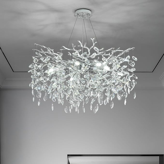 Tree Branch Chandelier Modern Crystal Pendant Light, Luxury Chrome Art Deco Raindrop Lighting Fixture for Dining Room Bedroom Living Room 10 Lights D30''