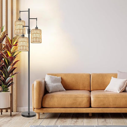 ZECOXOL Boho Floor Lamp for Living Room Bedroom-3 Light Dimmable Floor Lamp with Three Led Bulb, Rustic Tall Lamp Black Standing Lamp Tree Floor Lamps for Living Room Bedroom,Office,Corner