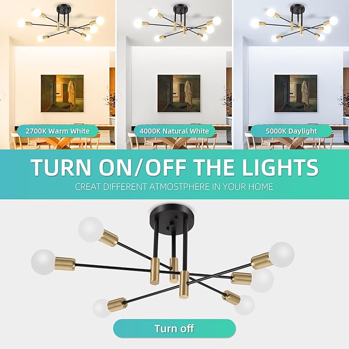 CANMEIJIA Sputnik Chandelier Modern Ceiling Light Fixture with 6 Lights Black Gold Mid Century Mount Ceiling Lights Fixture for Bedroom, Dining Room, Living Room, Kitchen, E26 Base, Bulbs Not Included