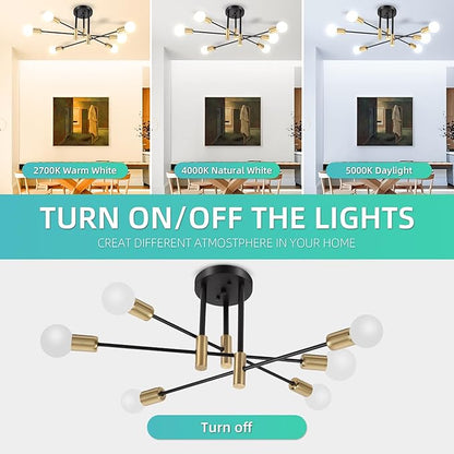CANMEIJIA Sputnik Chandelier Modern Ceiling Light Fixture with 6 Lights Black Gold Mid Century Mount Ceiling Lights Fixture for Bedroom, Dining Room, Living Room, Kitchen, E26 Base, Bulbs Not Included