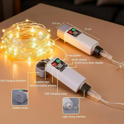 33FT 100 LED Rechargeable String Lights, USB Charging, IP65 Waterproof Outdoor Camping Lights, 8 Modes Fairy Lights with Remote Timer for Camping Patio Christmas Bedroom Decor Warm White