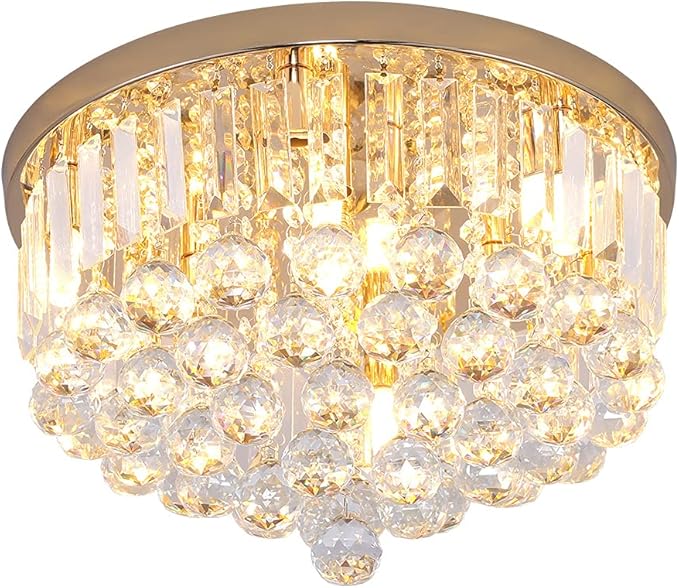 Mini Crystal Chandelier Ceiling Light,Flush Mount Modern Round K9 Crystal Raindrop Ceiling Lighting Fixture for Dining Room Bedroom Hallway Height 11''x Width 16''(French Gold)