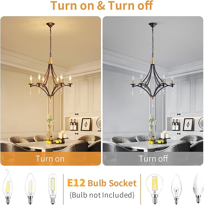 Modern Crystal Chandelier, 6-Lights Black and Gold Farmhouse Chandeliers for Dining Room Light Fixtures Hanging, Modern Black Pendant Light for Bedroom Foyer Living Room Kitchen Island Entryway Office
