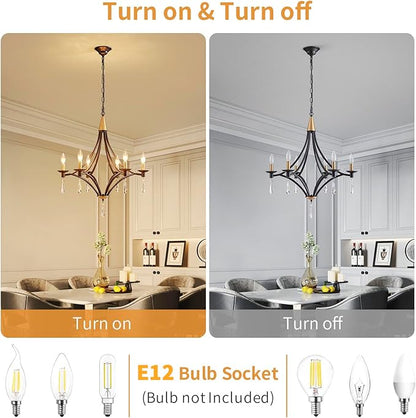 Modern Crystal Chandelier, 6-Lights Black and Gold Farmhouse Chandeliers for Dining Room Light Fixtures Hanging, Modern Black Pendant Light for Bedroom Foyer Living Room Kitchen Island Entryway Office