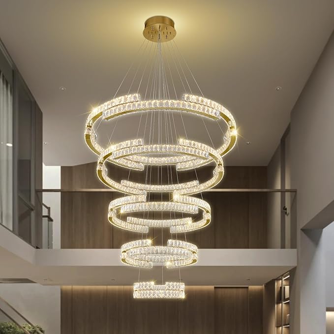 Gold Large 5 Ring Crystal Chandelier for High Ceiling Modern Long Stair Chandeliers LED Dimmable, for Villa,2-Story Foyer D47.5''+D40''+D32''+D24''+D16''