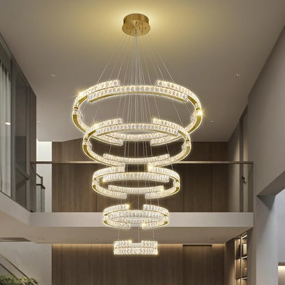 Gold Large 5 Ring Crystal Chandelier for High Ceiling Modern Long Stair Chandeliers LED Dimmable, for Villa,2-Story Foyer D47.5''+D40''+D32''+D24''+D16''
