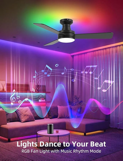 42" RGB Ceiling Fan with Light, Smart Fan with Alexa/Google/App Control, Flush Mount Ceiling Fan Light Music Sync, 6-Speed Quiet DC Motor, 4 CCT Dimmable Lighting for Living Room, Black