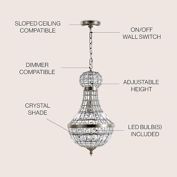 JONATHAN Y 10" Antique Brass Regina Empire LED Pendant Light, Glam Adjustable Hanging Chandelier for Dining Room Kitchen Foyer, Clear Crystal Shade, LED Bulb Included JYL6108A