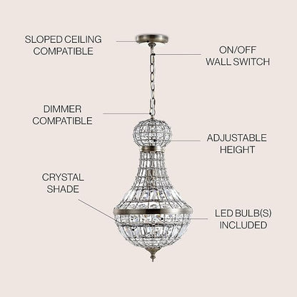 JONATHAN Y 10" Antique Brass Regina Empire LED Pendant Light, Glam Adjustable Hanging Chandelier for Dining Room Kitchen Foyer, Clear Crystal Shade, LED Bulb Included JYL6108A