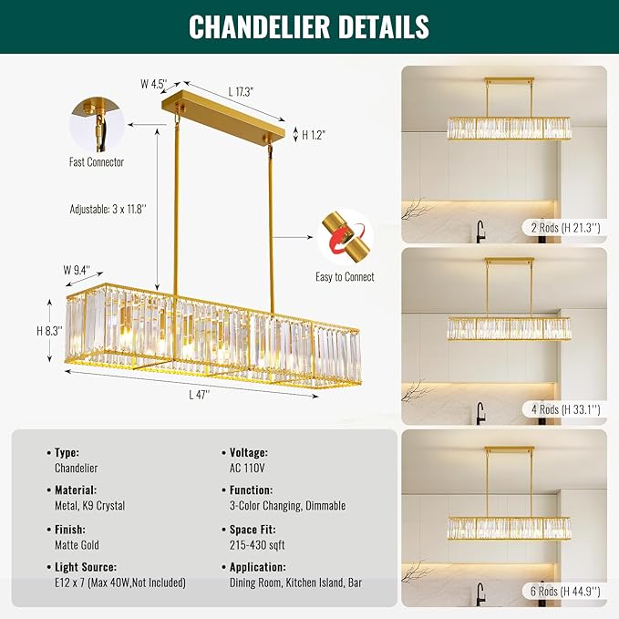 Siljoy Gold Crystal Chandelier for Dining Room, 7-Light Modern Rectangular K9 Crystal Raindrop Chandelier Pendant Ceiling Light Fixture for Living Room Kitchen Island, L47'' x W8.6'' x H8.6''