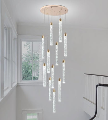 Crystal Staircase Chandelier, Modern Gold Large Spiral Dimmable LED Cluster Raindrop Foyer Chandelier Lighting, Bubble Living Room Hanging Light Fixture 12 Light Remote Control