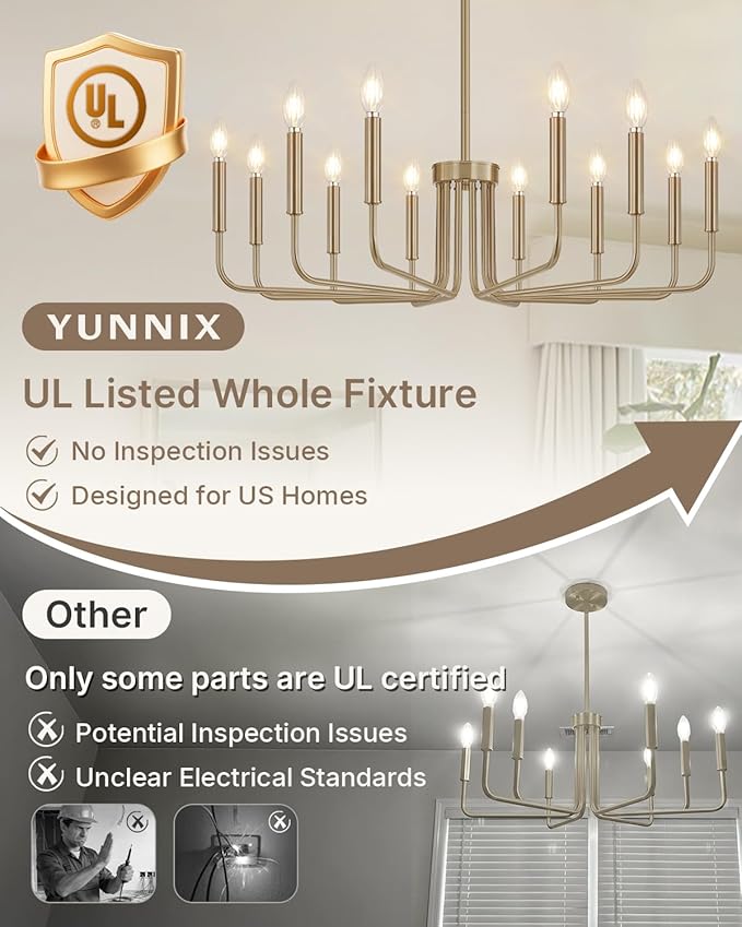 Yunnix 12-Light Champagne Bronze Chandelier, 35" Extra Large Modern Gold Chandelier - Brushed Honey Bronze Hanging Fixture - Champagne Gold Chandelier for Dining Room, Kitchen Island, Hall, Foyer