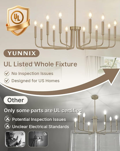 Yunnix 12-Light Champagne Bronze Chandelier, 35" Extra Large Modern Gold Chandelier - Brushed Honey Bronze Hanging Fixture - Champagne Gold Chandelier for Dining Room, Kitchen Island, Hall, Foyer