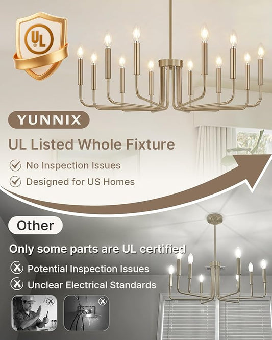 Yunnix 12-Light Champagne Bronze Chandelier, 35" Extra Large Modern Gold Chandelier - Brushed Honey Bronze Hanging Fixture - Champagne Gold Chandelier for Dining Room, Kitchen Island, Hall, Foyer