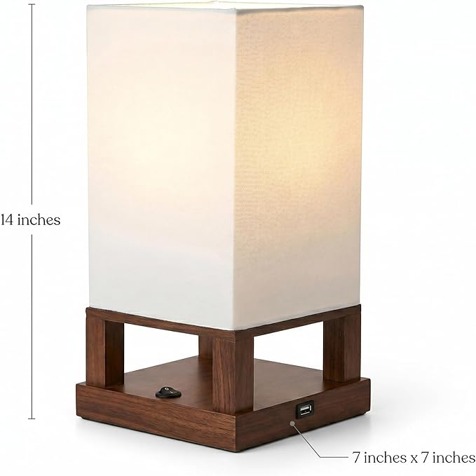 Brightech Maxwell Bedside Lamp with USB Port – Compact Table Lamp for Bedroom, Living Room - Modern Asian Nightstand Lamp with Wood Frame - LED Bulb, Soft Light - Havana Brown