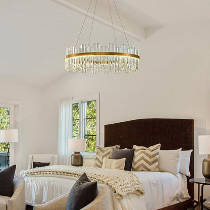 Gold Led Modern Crystal Chandelier: 31.5" Round Contemporary 3 Color Dimmable Large Dining Room Light Fixture over Table - Adjustable luxury Lighting for Bedroom Living Kitchen Island Entryway Foyer