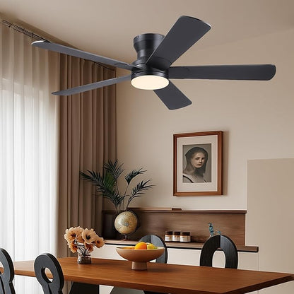 Ayaoty 52" Black Ceiling Fans with Lights and Remote - Flush Mount Fan Light with 5 Reversible Blades, 3CCT Dimmable, DC, Low Profile Ceiling Fan for Modern Indoor, Covered Outdoor