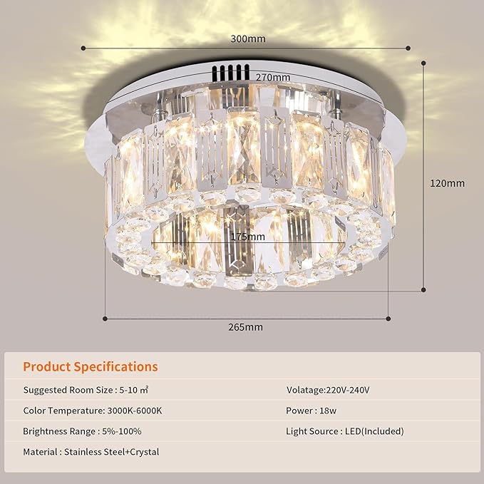 11.8" Dimmable Crystal Chandelier Modern LED Flush Mount Mini Ceiling Light Fixtures with Remote Control Crystal Round Chandeliers Light for Hallway Bedroom Kitchen