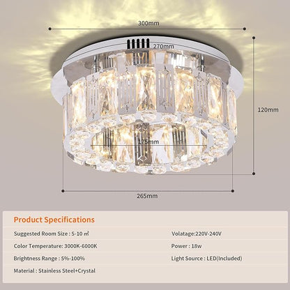 11.8" Dimmable Crystal Chandelier Modern LED Flush Mount Mini Ceiling Light Fixtures with Remote Control Crystal Round Chandeliers Light for Hallway Bedroom Kitchen