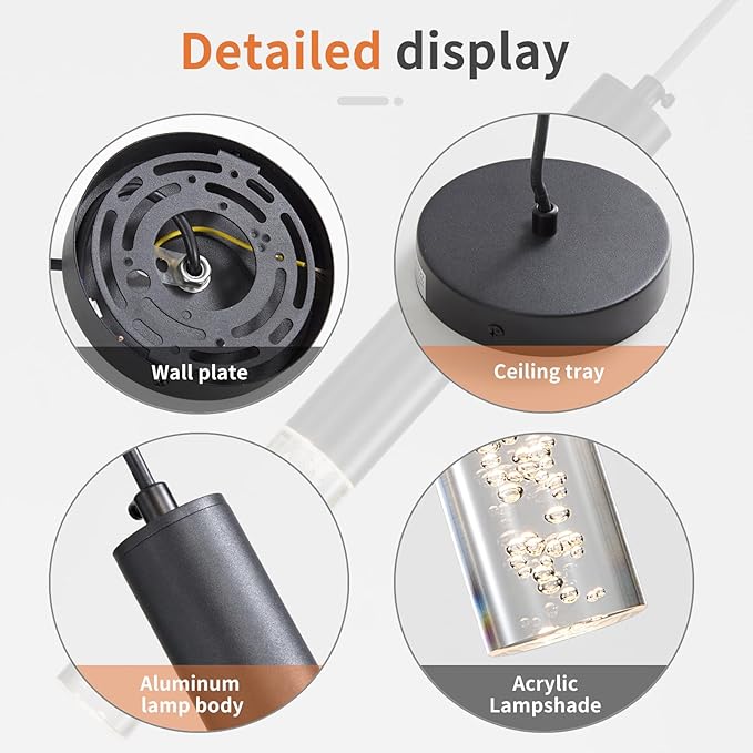 3 Pack Pendant Lights Kitchen Island, LED Bubble Acrylic Island Lighting Fixtures, 3 Color 3000K/4500K/6500K, Modern Cylinder Ceiling Hanging Light for Bedroom, Bar, Dining Room, Bathroom