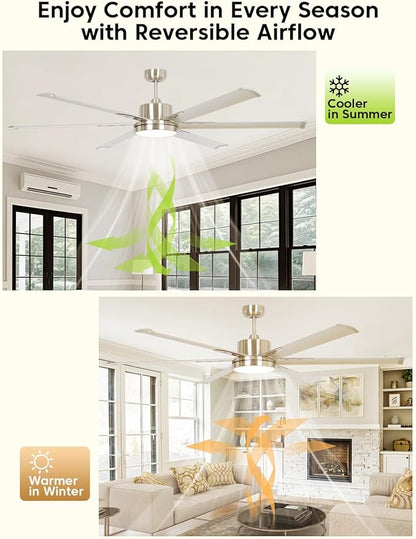 65-Inch DC Motor Ceiling Fan with LED Light, 6 Aluminum Blades, Remote Control, Sand Nickel Finish, 2700K Warm White, Energy Efficient Indoor Ceiling Fan for Living Room & Bedroom