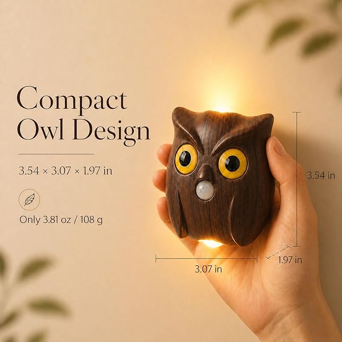 2-Pack Walnut Owl Wall Lamp, Cute LED Night Light for Bedroom Decor, Warm Ambient Lighting for Kids Room, Nursery & Hallway, Creative Animal Wall Light, Gift for Home Decoration