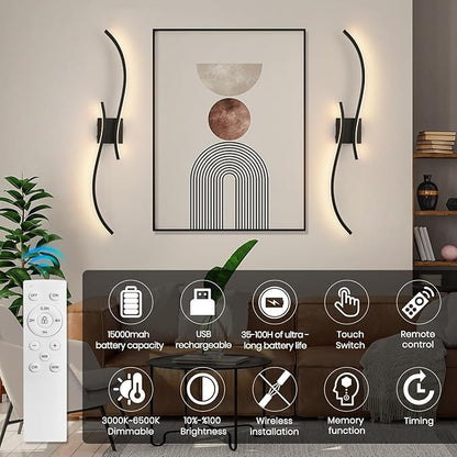 Battery Operated Wall Sconce Set of 2, 18000mAh Black Rechargeable Wall Lights with Remote Control,3000K-6000K Dimmable LED Wireless Wall Light for Living Room Bedroom Hallway,39.3 Inch (Black)