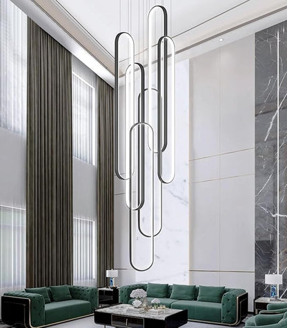 6-Rings Modern Chandelier, LED Black Large Contemporary Light for Staircase, Dimmable Flush Mount High Ceiling Chandeliers with Remote Control for Villa Foyer