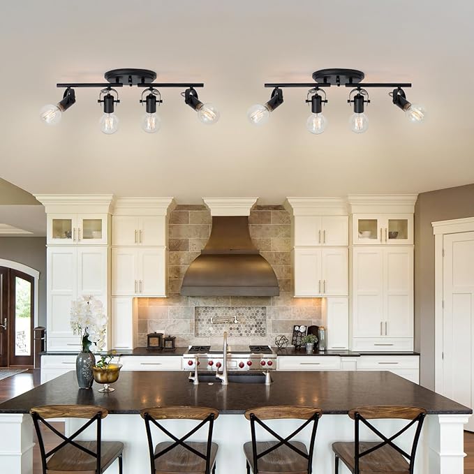 4-Light Track Lighting Fixtures Ceiling, Black Kitchen Track Lighting with Adjustable Light Head,Flush Mount Ceiling Light for Dining Room Living Room Hallway Art Wall Bathroom.