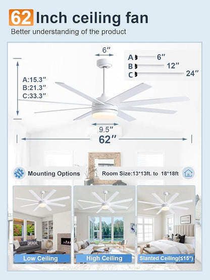 YUHAO 62 Inch White Ceiling Fan with Light and Remote Control.Noiseless,Dimmable,3CCT,6 Speeds Reversible, DC Ceiling Fans for Indoor or Covered Outdoor Use.ETL Listed