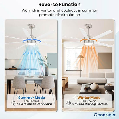 Conciseer 72 Inch Ceiling Fans with Lights and Remote for Bedroom Living Room Kitchen Library Cafe Outdoor/Industrial Use, 3CCT Dimmable, 8 Blades 6 Speed Reversible Quiet DC Motor, Sand-nickel/White
