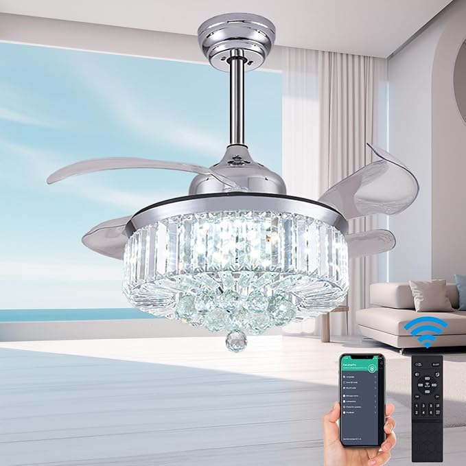 DuMaiWay 36" Dimmable Fandelier Crystal Ceiling Fan with Lights and Remote Modern Invisible Retractable Blades Chandelier Ceiling Fan Light Kit for Bedroom Living Room -Polished Chrome