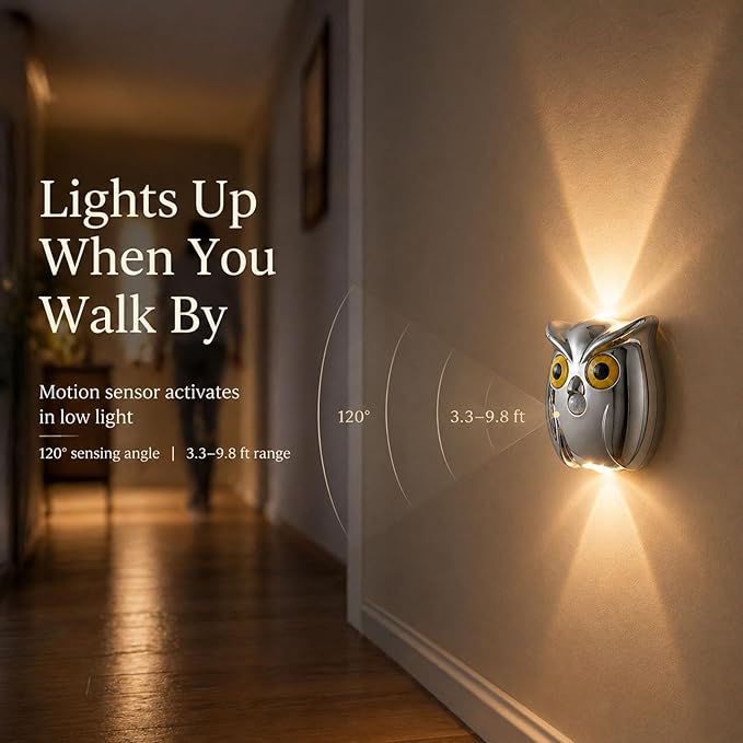 2-Pack Silver Owl Wall Lamp, Cute LED Night Light for Bedroom Decor, Warm Ambient Lighting for Kids Room, Nursery & Hallway, Creative Animal Wall Light, Gift for Home Decoration