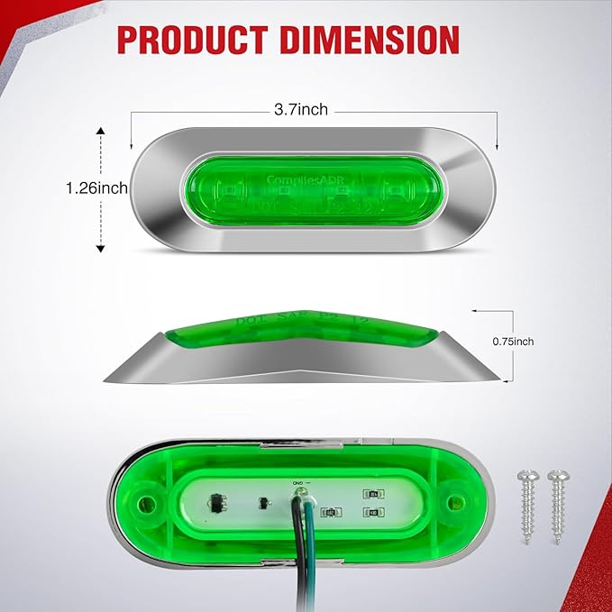 Nilight 10PCS Green Oval Side Marker Lights 4 LED 3.7 Inch Clearance Lamp IP68 Waterproof DC 12-24V with Chrome Bezel Universal for Car Auto Truck Bus Trailer Boat Deck