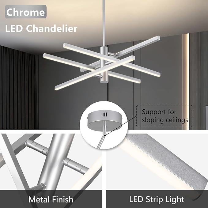 Modern Silver Chandelier Light Fixtures: LED 4-Light Sputnik Dining Room Chandeliers Silvery Linear Pendant Lights Fixture Over Table Dimmable with Remote for Kitchen Island Living Room