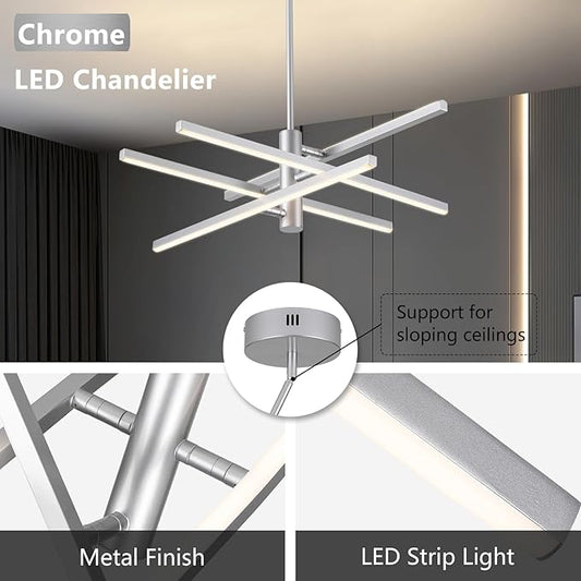 Modern Silver Chandelier Light Fixtures: LED 4-Light Sputnik Dining Room Chandeliers Silvery Linear Pendant Lights Fixture Over Table Dimmable with Remote for Kitchen Island Living Room