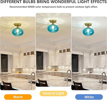 Luafac Blue Glass Semi Flush Mount Ceiling Light - 7.9 Inch Hammered Art Deco Glass Small Hallway Light fixtures, Vintage Gold Flush Mount Ceiling Light for entryway Foyer Laundry Room Kitchen