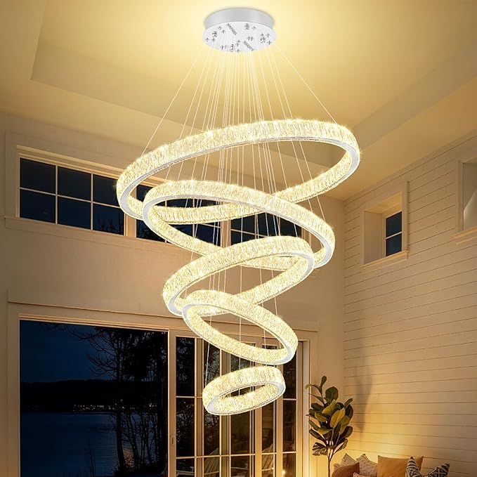 Extra Large 5 Ring Crystal Chandelier High Ceiling Chandeliers for Foyer,Modern Luxury Crystal Ring Chandelier Dimmable Led Ceiling Lighting for Staircase Villa D8''+15.7"+23.6"+31.5"+39.4"