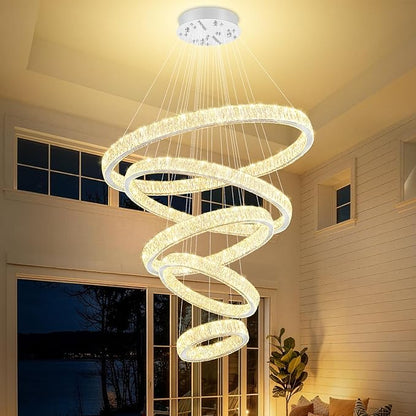 Extra Large 5 Ring Crystal Chandelier High Ceiling Chandeliers for Foyer,Modern Luxury Crystal Ring Chandelier Dimmable Led Ceiling Lighting for Staircase Villa D8''+15.7"+23.6"+31.5"+39.4"