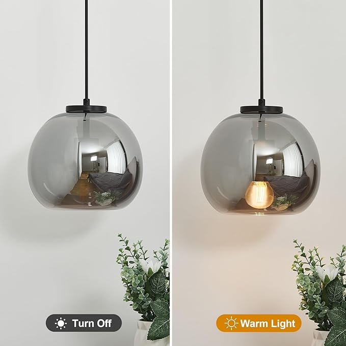 Mirror Smoke Gray Glass Pendant Lights Kitchen Island Black Hanging Light Fixture 7.87" Glass Globe Pendant Light Modern Pendant Lighting for Kitchen Island Bedroom Dining Room (7.87", 1 Pack)