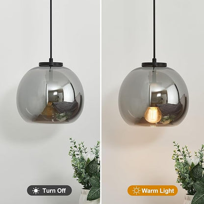Mirror Smoke Gray Glass Pendant Lights Kitchen Island Black Hanging Light Fixture 7.87" Glass Globe Pendant Light Modern Pendant Lighting for Kitchen Island Bedroom Dining Room (7.87", 1 Pack)