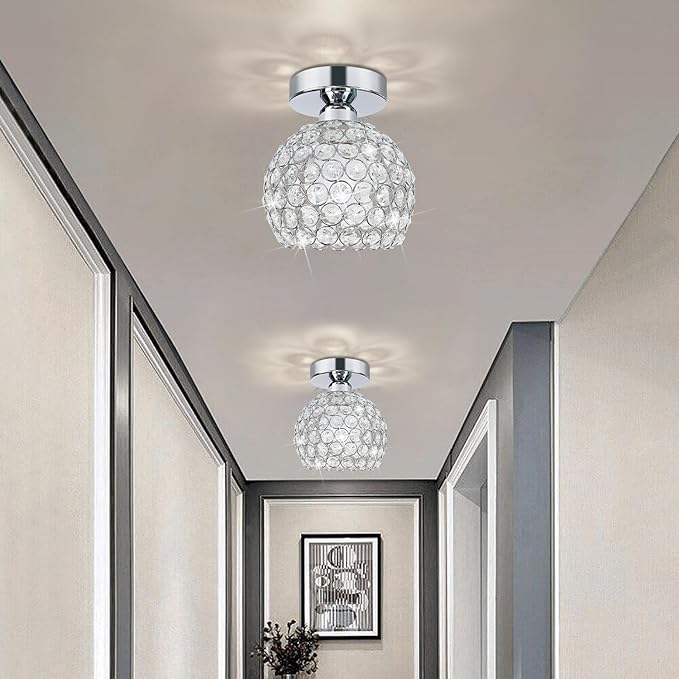 TISLYCO Small Chandelier for Hallway, Modern Semi Flush Mount Light Fixture Silver Crystal Chandelier, Ceiling Light Fixture for Foyer Closet Entryway Kitchen Bedroom Dining Room