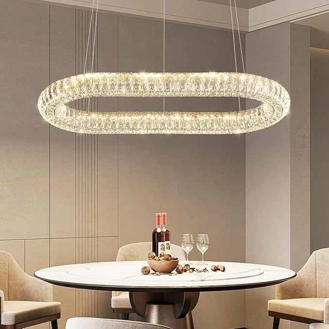 Crystal Ring Chandelier, 40'' Chrome Crystal Ring Pendant Light for Kitchen Island Modern Linear Oval Chandeliers for Dining Room Dimmable 3000K-6000K