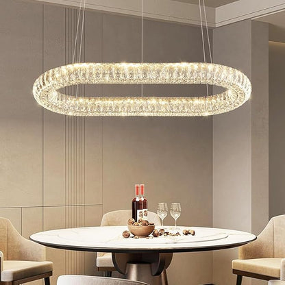 Crystal Ring Chandelier, 40'' Chrome Crystal Ring Pendant Light for Kitchen Island Modern Linear Oval Chandeliers for Dining Room Dimmable 3000K-6000K