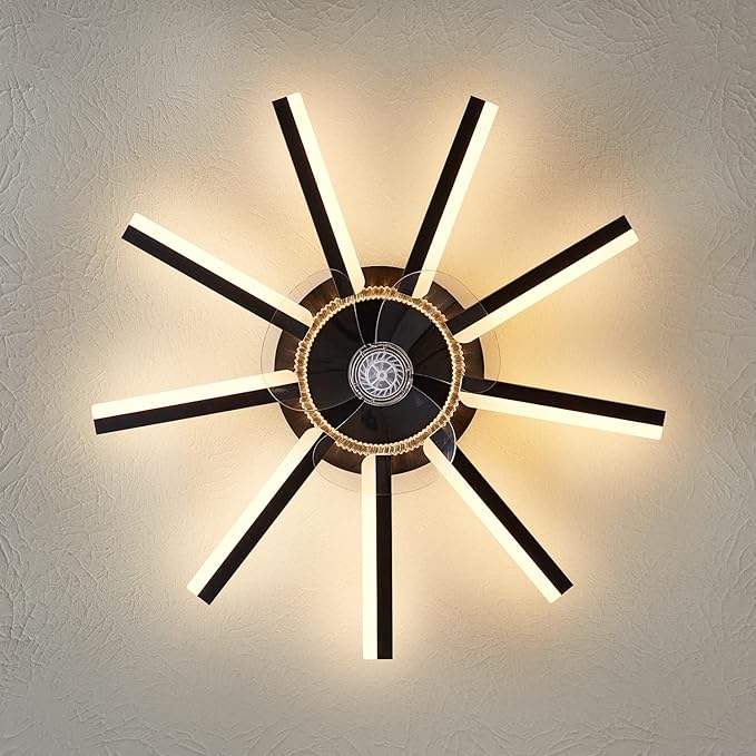 27" Black Straight Strip Ceiling Fan with Lights Remote Control, 3 Colors 6 Speeds Low Profile Ceiling Fan with Light for Kitchen Bedroom